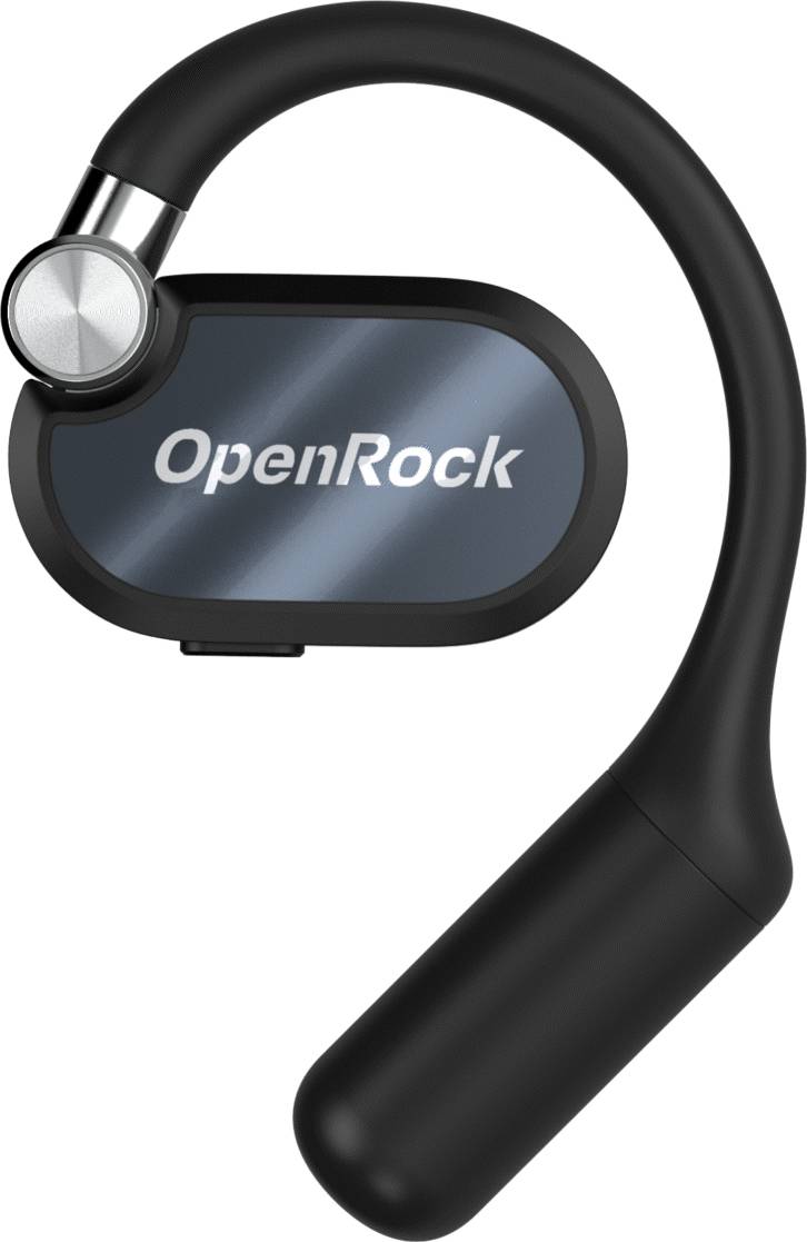 En trådlös in-ear-hörlur med svart öronbygel och blå-svart yta, där texten 'OpenRock' är tryckt.