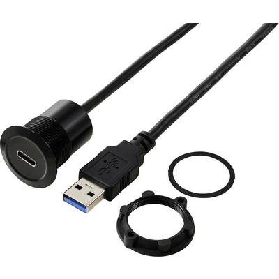 USB-C-paneluttag med USB-A-kontakt, rundmontering och tätningsring, lämplig för användning i elektroniska installationer.