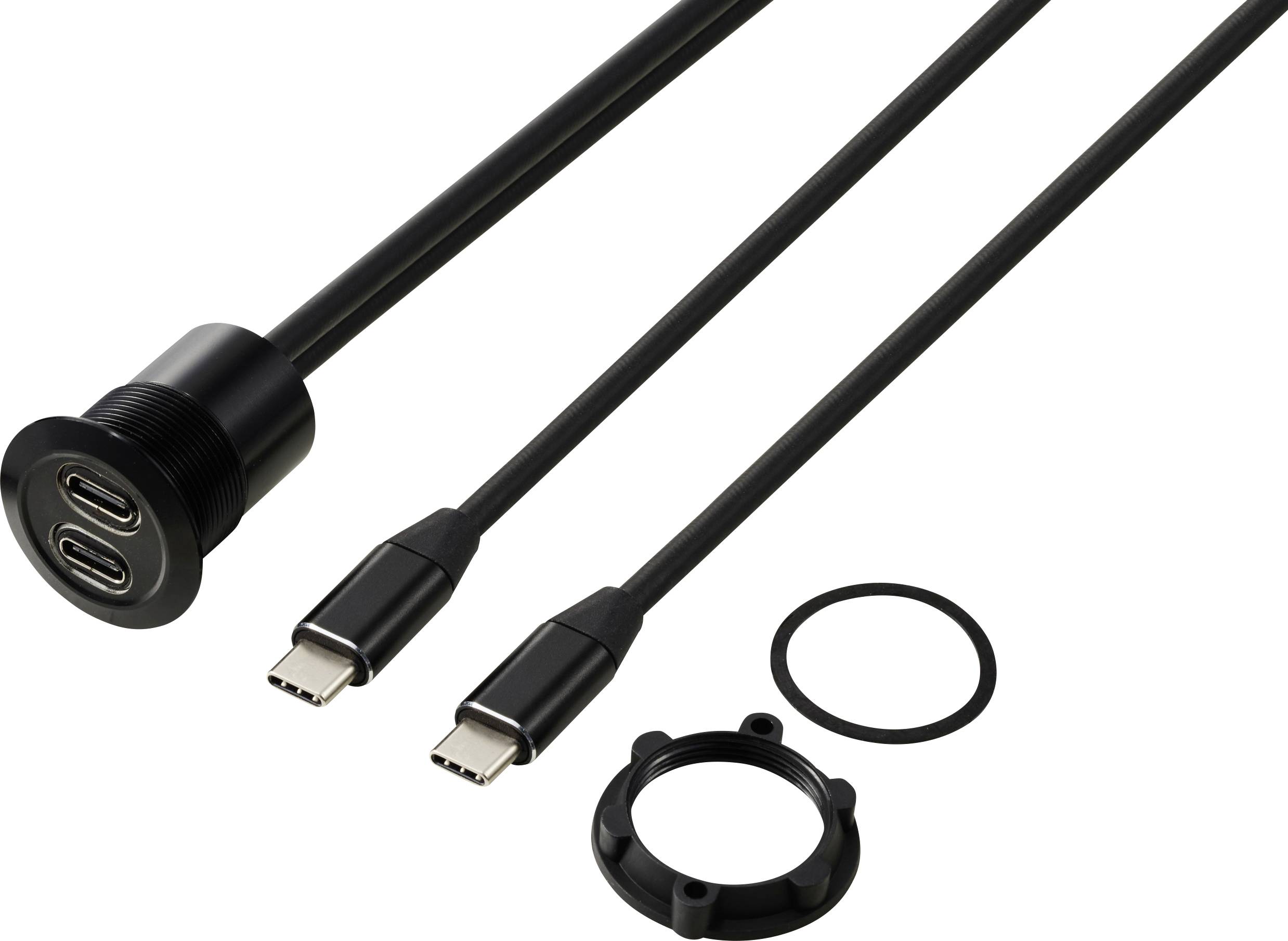 Dubbel USB-C-port med två kablar och monteringstillbehör. Lämplig för enhetsanslutningar och dataöverföring.