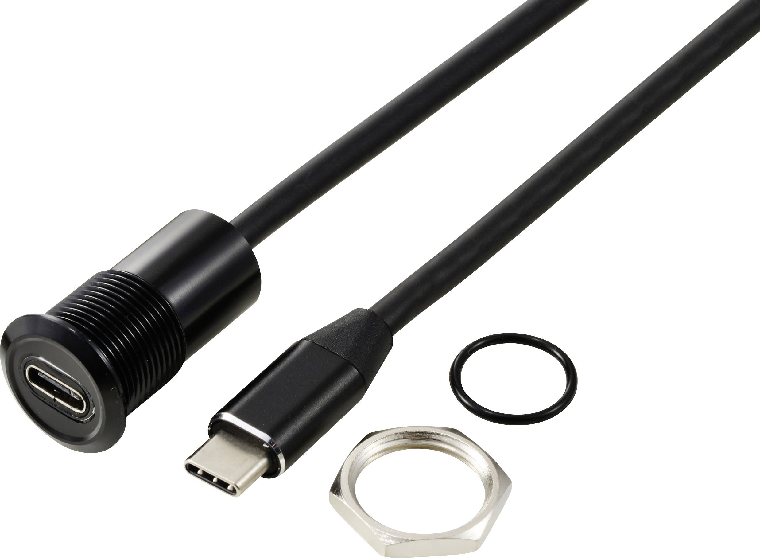 USB-C-kabel och kontakt med skruvmutter och tätning. Lämplig för stabila, väderbeständiga anslutningar i elektroniska enheter.