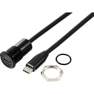 USB-C-kabel och kontakt med skruvmutter och tätning. Lämplig för stabila, väderbeständiga anslutningar i elektroniska enheter.