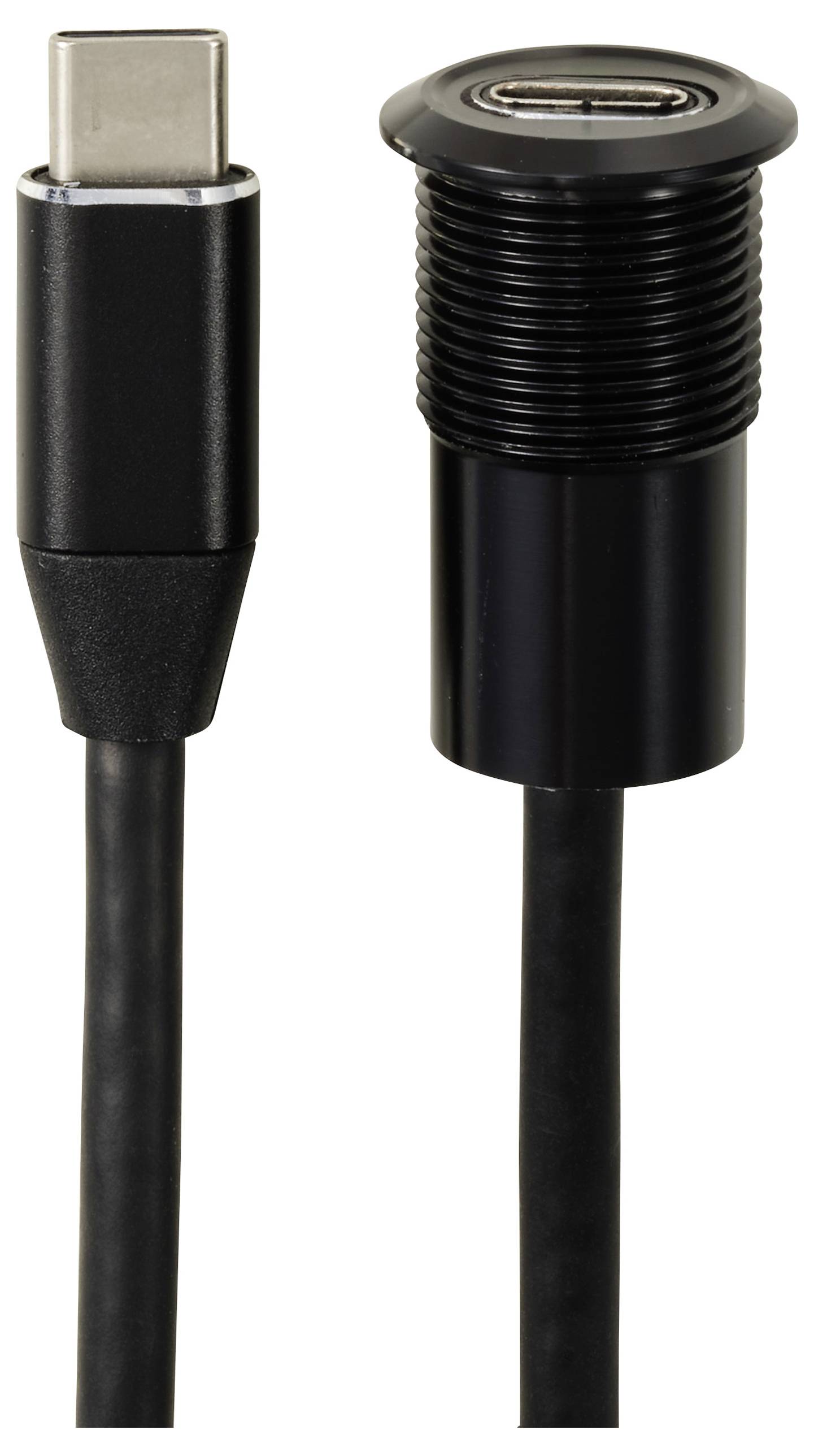 USB-C-kabelkontakt bredvid en USB-C-port i ett cylindriskt hölje. Båda är svarta och ser tekniska ut.