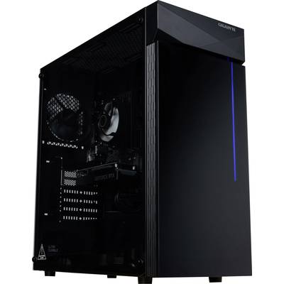 En svart PC-tower med genomskinlig sidopanel som visar fläktar och ett 'GeForce RTX'-grafikkort. Uppe till höger står 'GIGABYTE'.