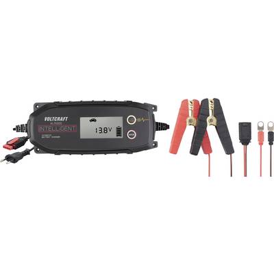 Batteriladdare för bilbatterier med digitalt display som visar '13.8V'. Innehåller röda och svarta klämmor för anslutning.