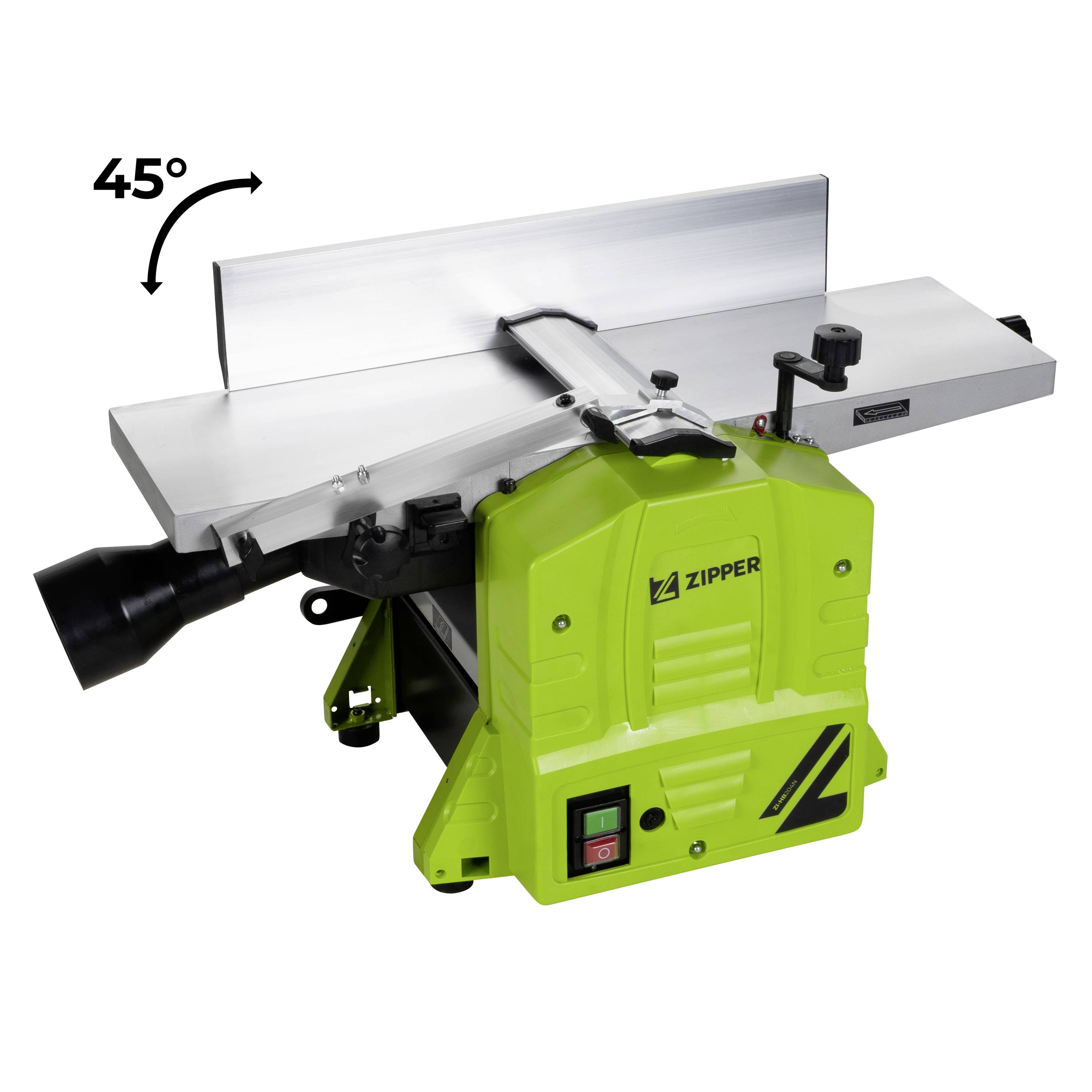 Grön hyvel med silvrig arbetsyta. Ytans vinkel är markerad med en pil uppåt vänster vid 45°.