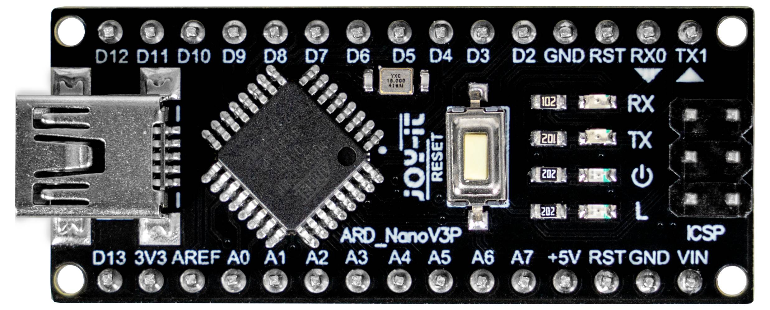 Mikrocontrollerkort med USB-anslutning, flera gränssnitt och pinnar, lämpligt för elektronikprojekt och programmering.