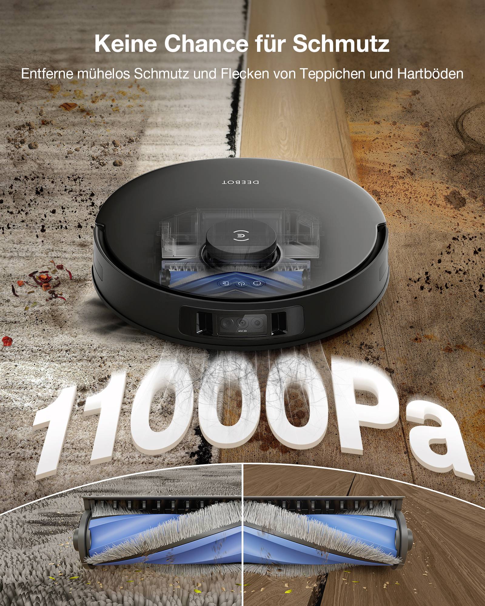Reklamtext för en robotdammsugare. Visar enheten när den städar en matta med sugkraft på 11 000 Pa.