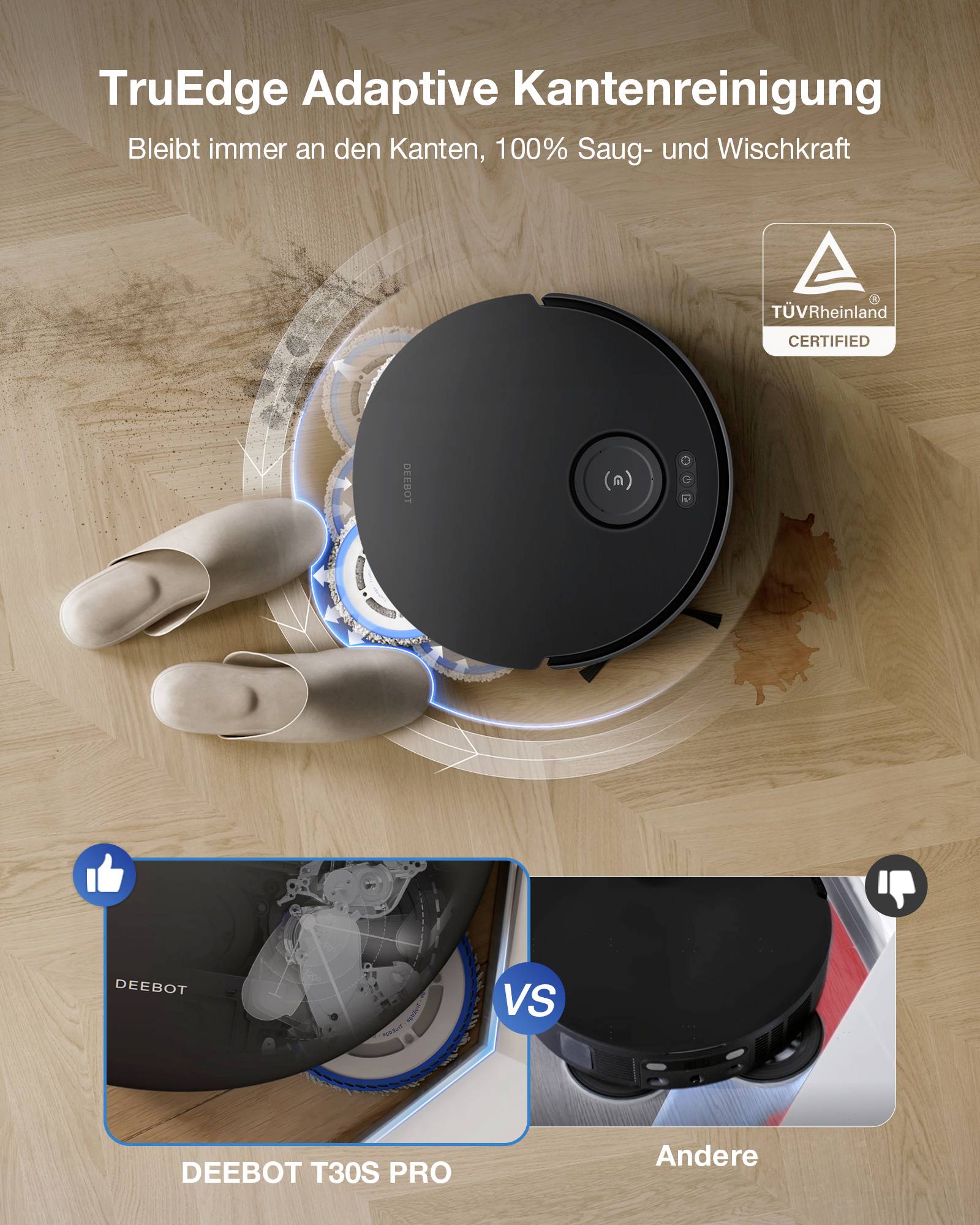 En rund robotdammsugare på ett trägolv med tofflor bredvid. Text högst upp: 'TruEdge Adaptiv Kantrengöring'. Jämförelsebilder nedanför visar skillnaderna.