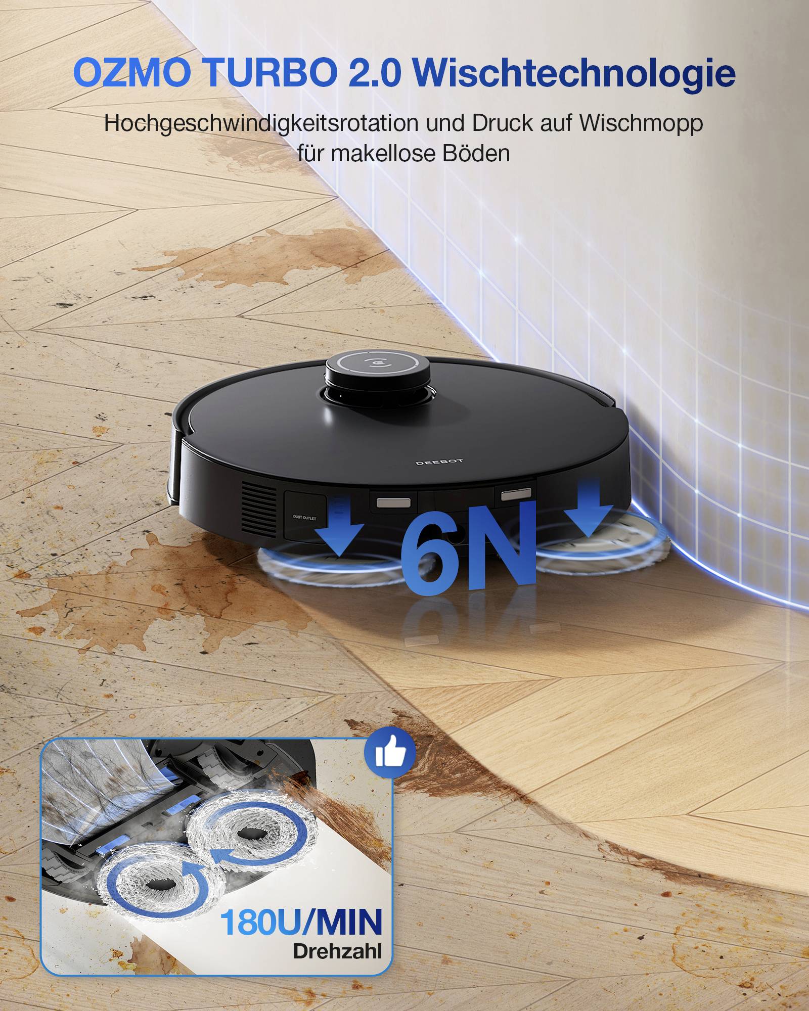En automatisk dammsugare rengör ett trägolv med 'OZMO TURBO 2.0' torkningsteknik. Bifogad bild visar detaljerad vy av rengöringen.