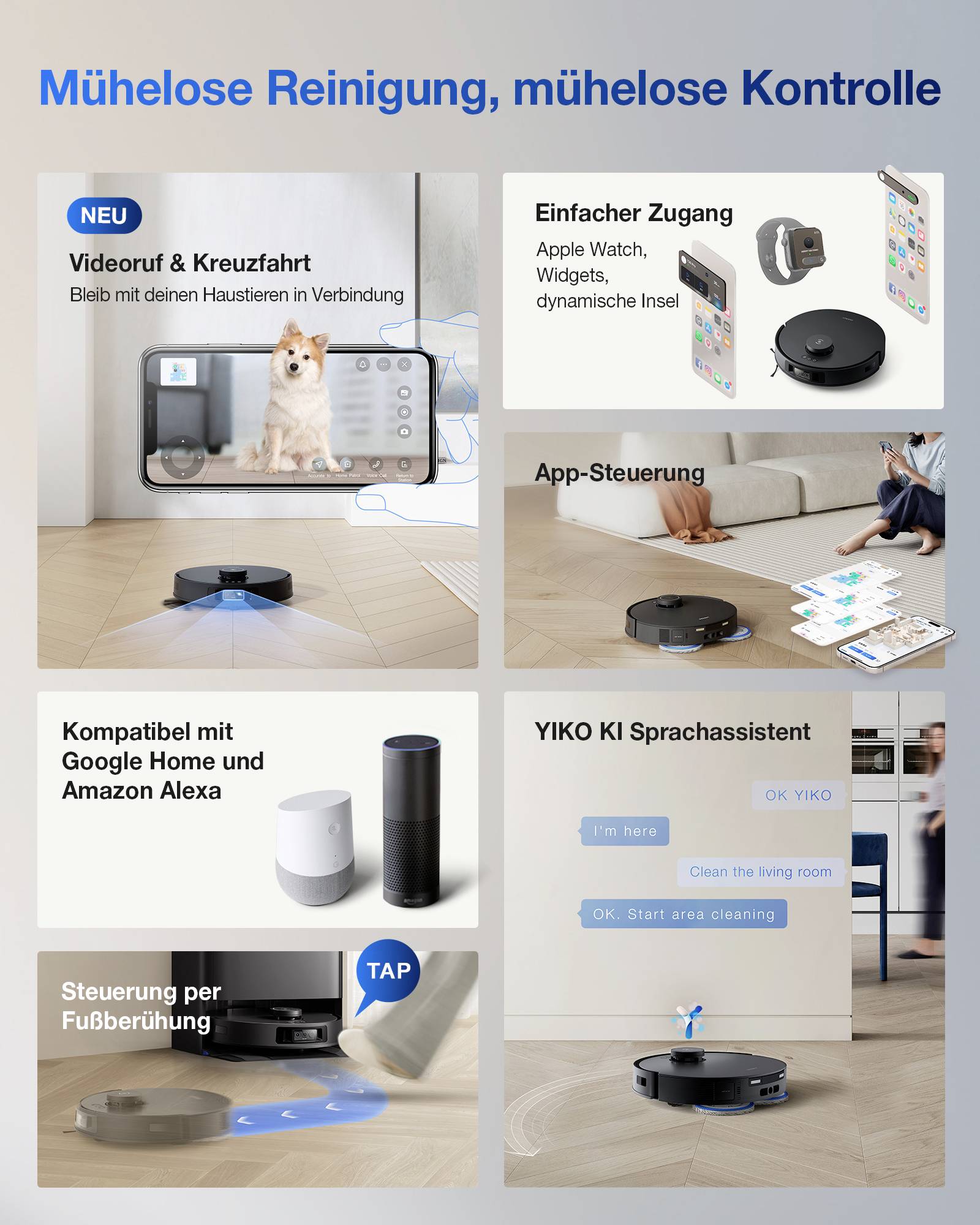 Reklamaffisch för robotdammsugare: Videosamtal & kryssning, enkel åtkomst, app-styrning, kompatibel med röstassistenter, fotaktiverad styrning.
