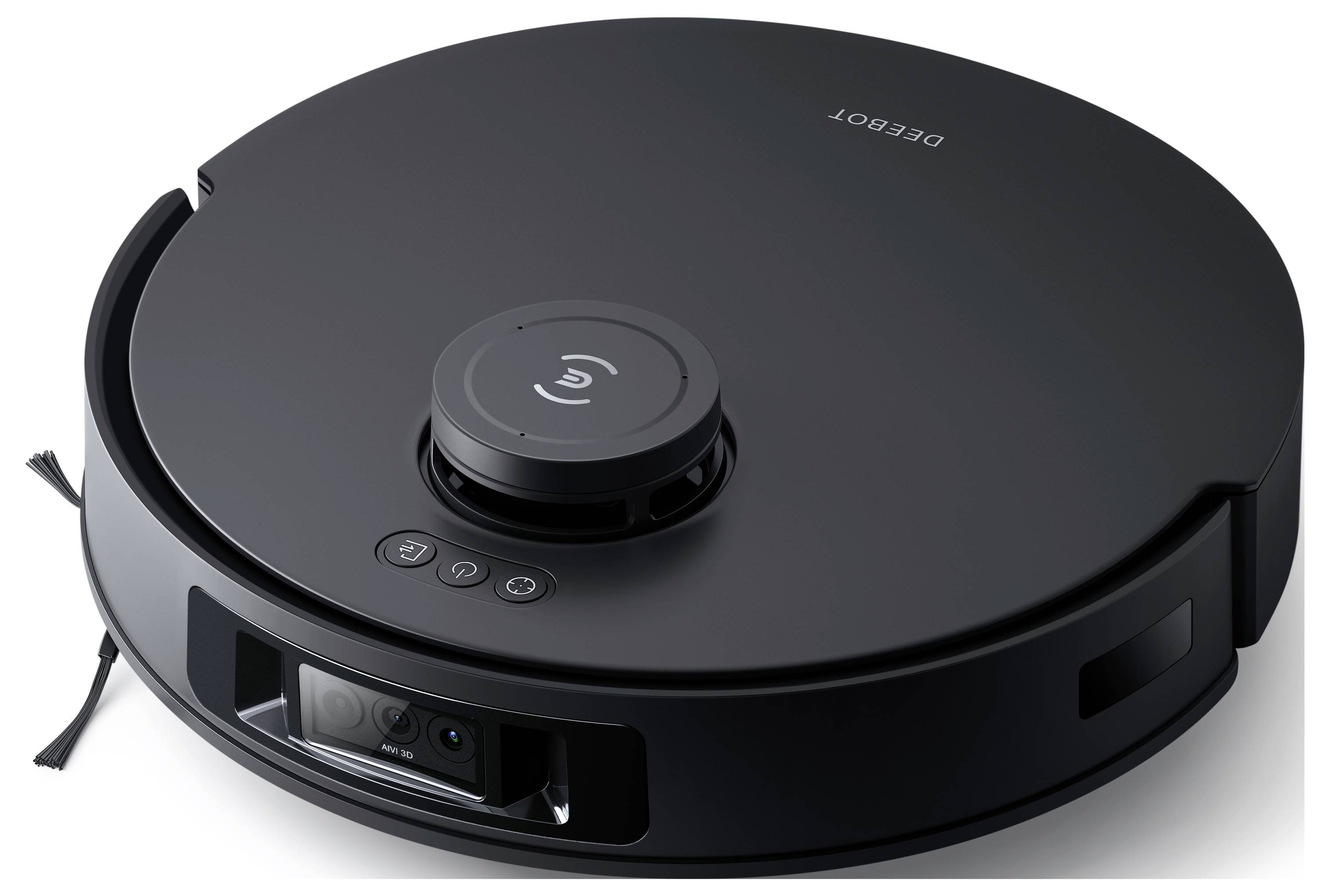 En svart, cirkelformad robotdammsugare med sensorer och knappar på ytan, märkt med 'DEEBOT'. Lämplig för effektiv golvstädning.