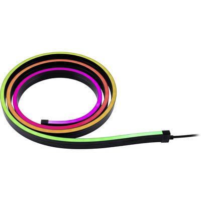 LED-ljusslinga i olika färger, upprullad. Visar ett smalt, flexibelt band som lyser i gult, orange, rosa och grönt.