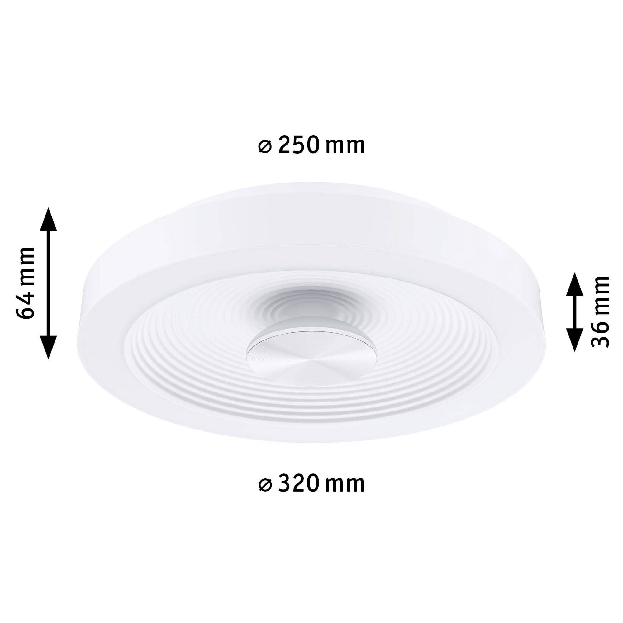 Rund taklampa med en ytterdiameter på 320 mm och en innerdiameter på 250 mm. Lampans totala höjd är 64 mm, där den inre ytan är 36 mm hög.