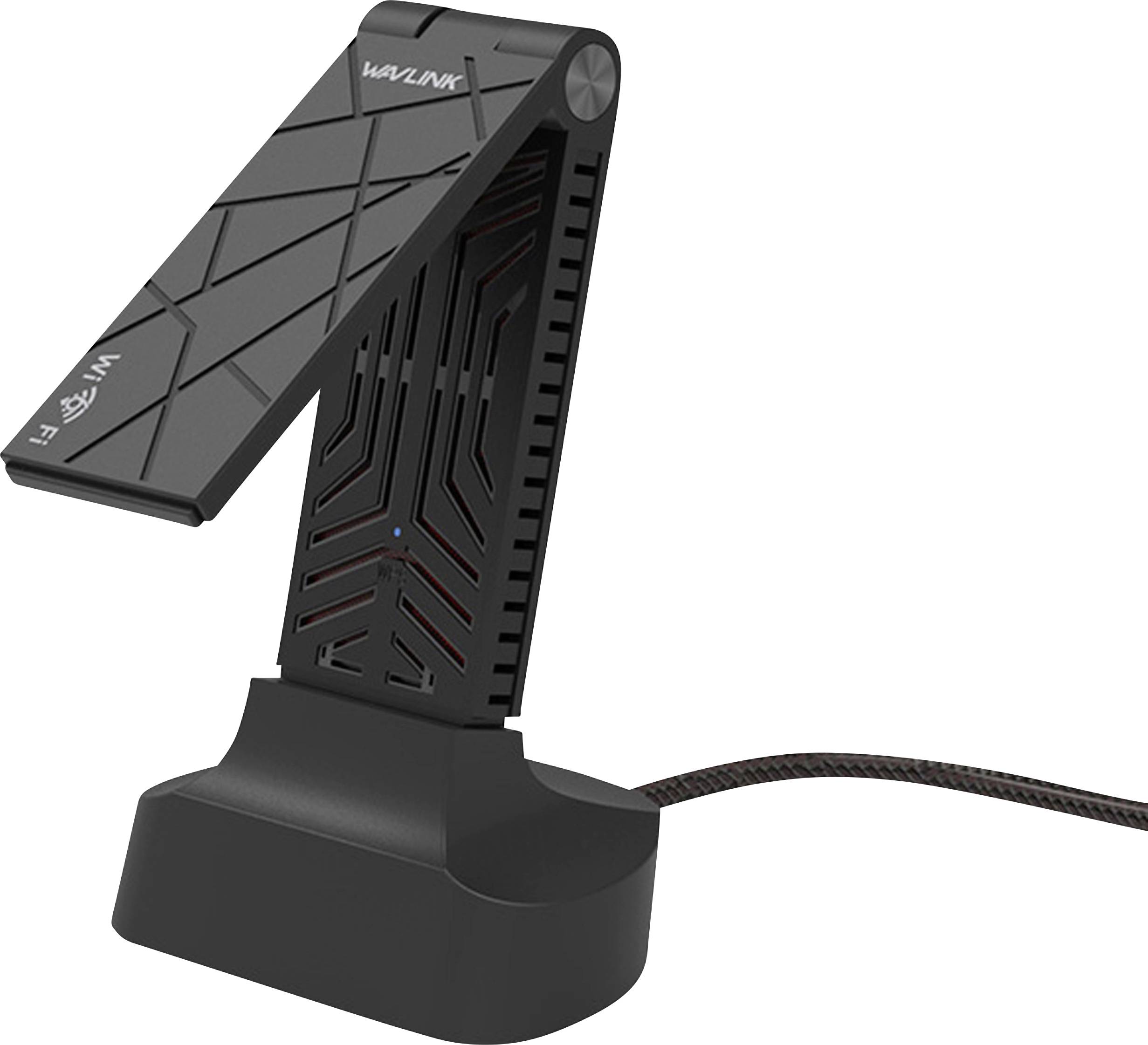 'WAVLINK' WLAN-antenn med modernt, smalt design, står upprätt på ett stativ. Kabelanslutning synlig.