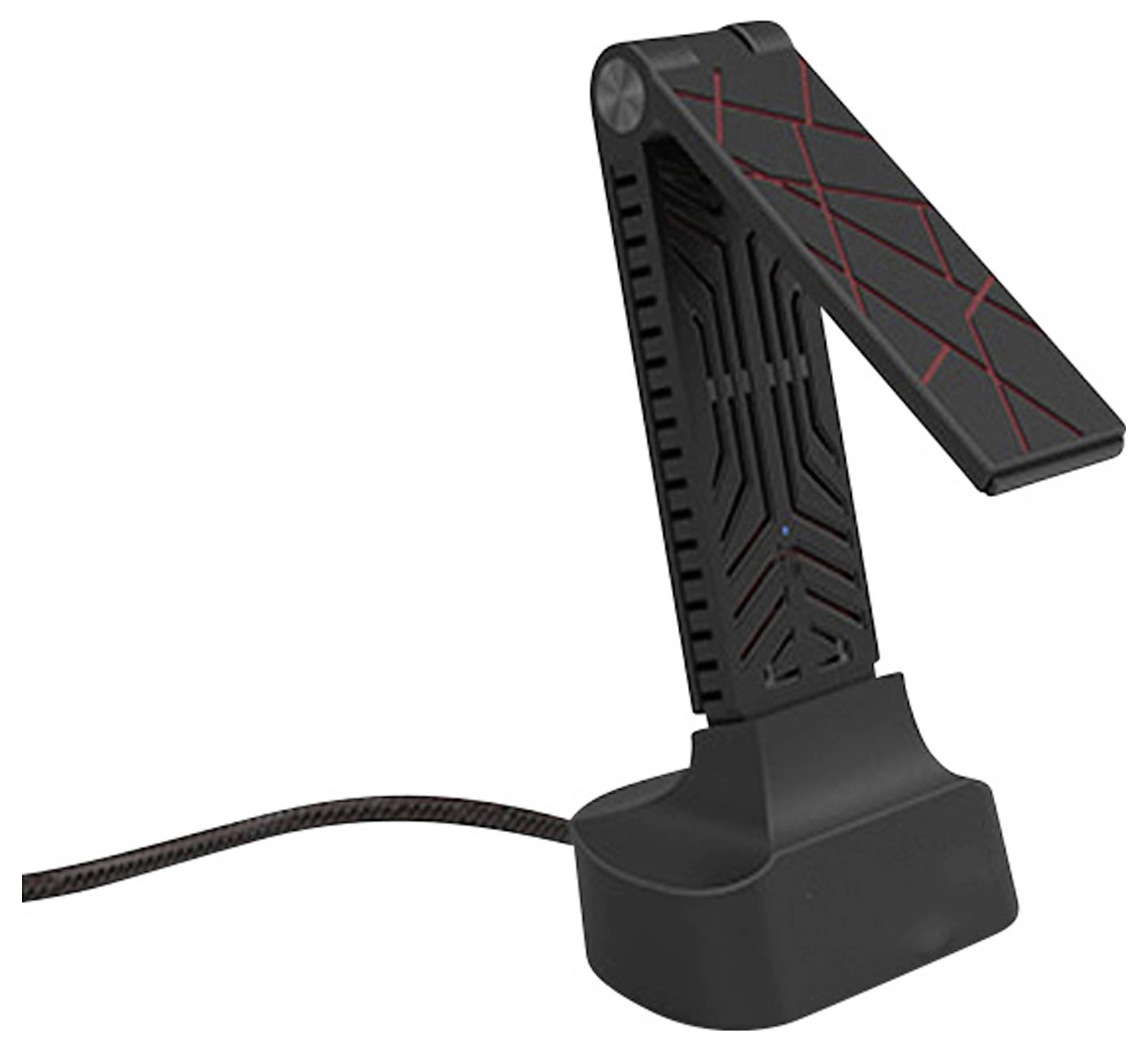 En stilren, geometriskt mönstrad laddningshållare med USB-kabel, lämplig för smartphones eller liknande enheter.