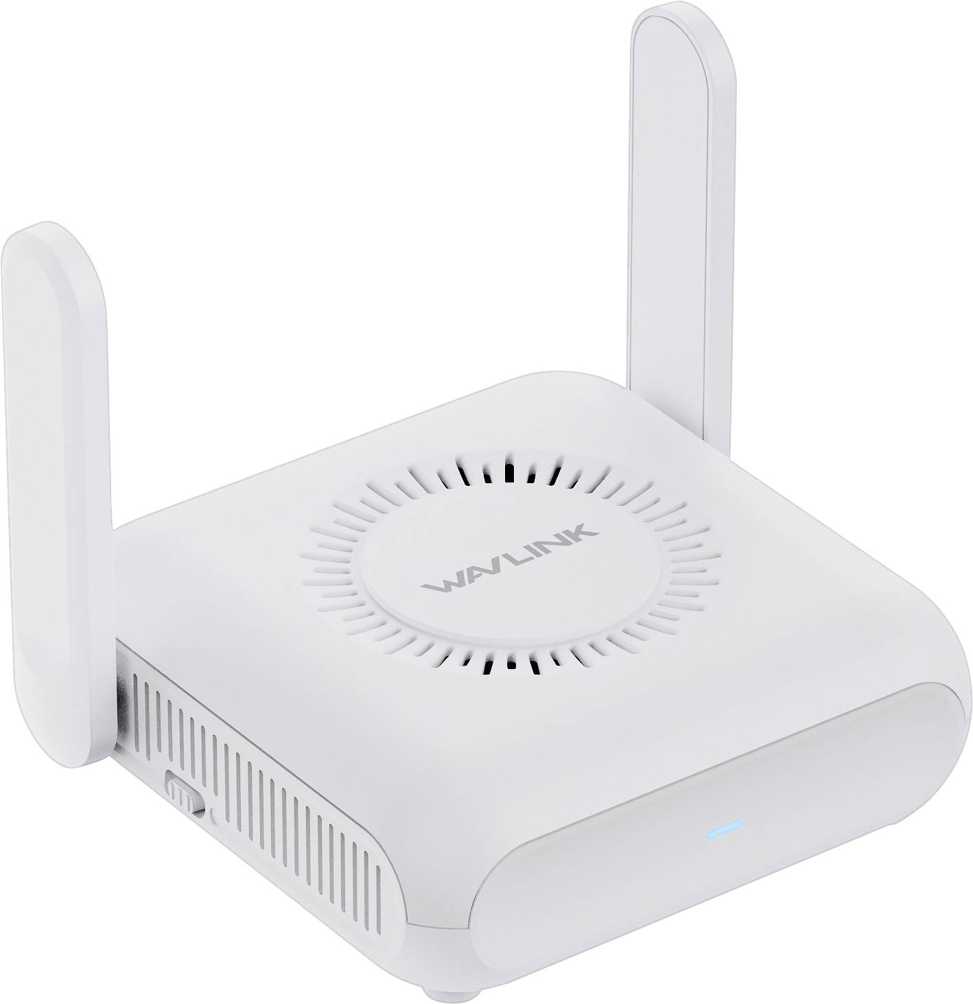 Vit WLAN-repeater med två antenner och en LED-lampa på framsidan. Varumärkesnamn visas ovanför.