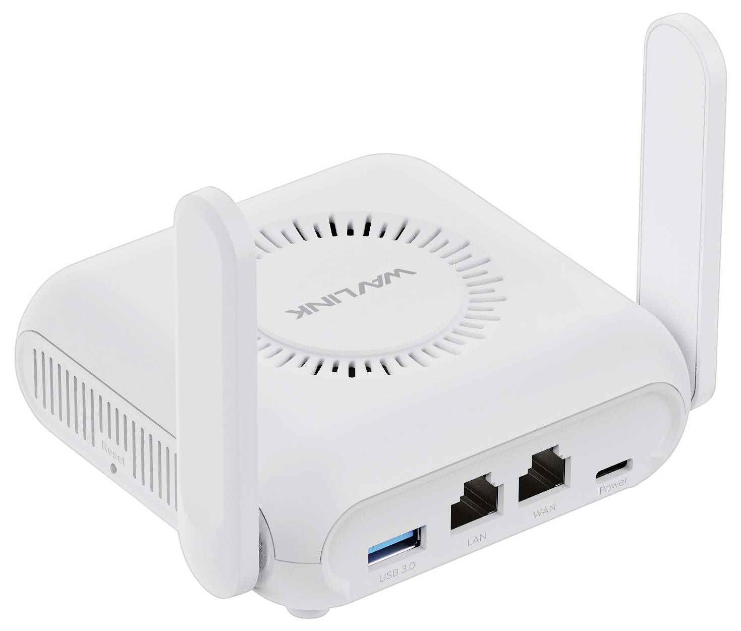 En liten, vit WLAN-router med två antennerna, flera anslutningar på framsidan och texten 'Wavlink' på ovansidan.