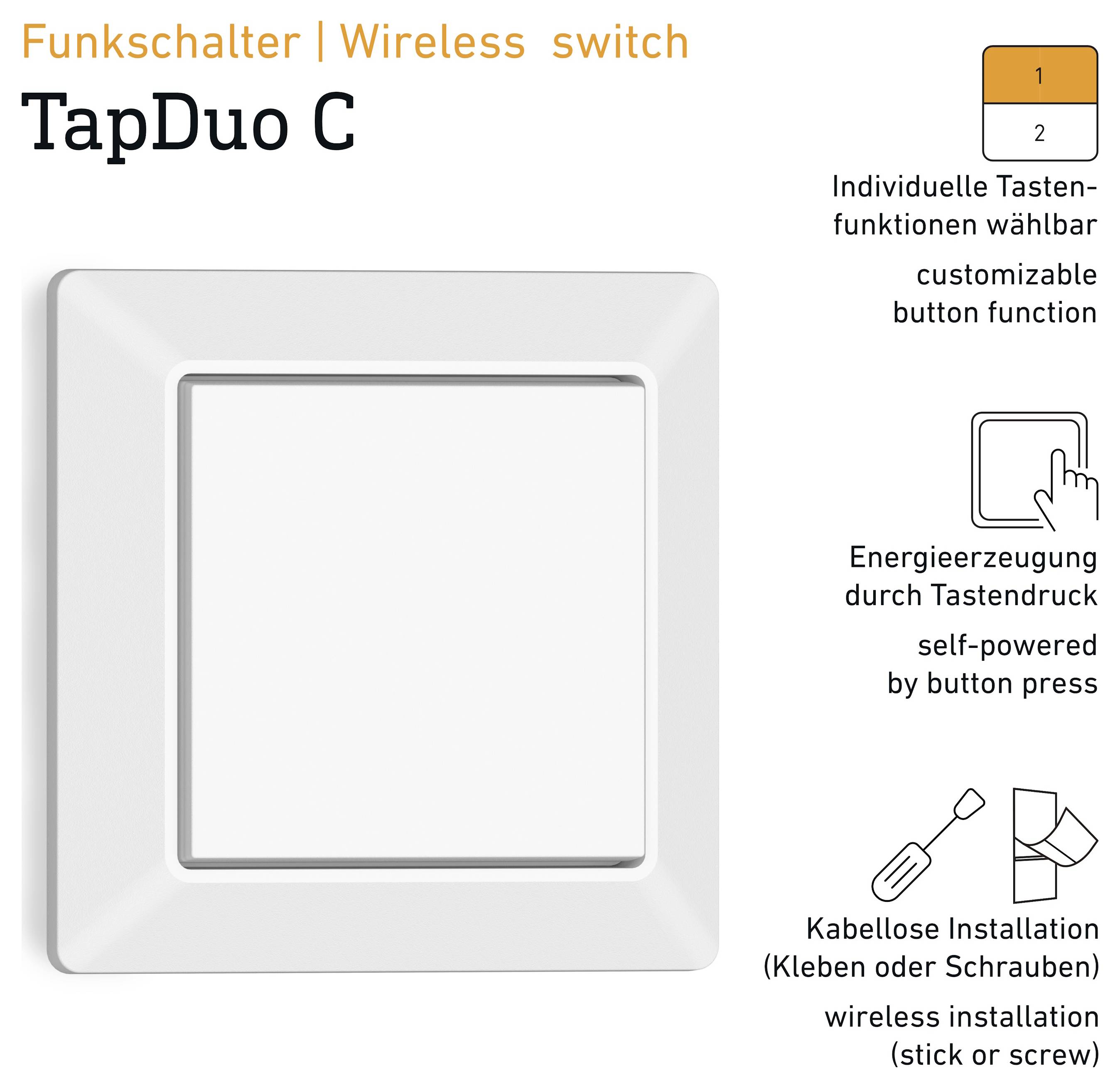 Reklamvippa för trådlös växel 'TapDuo C' med stor vit vippkontakt; visar anpassningsbar knappfunktion, självförsörjande genom knapptryck och trådlös installation.