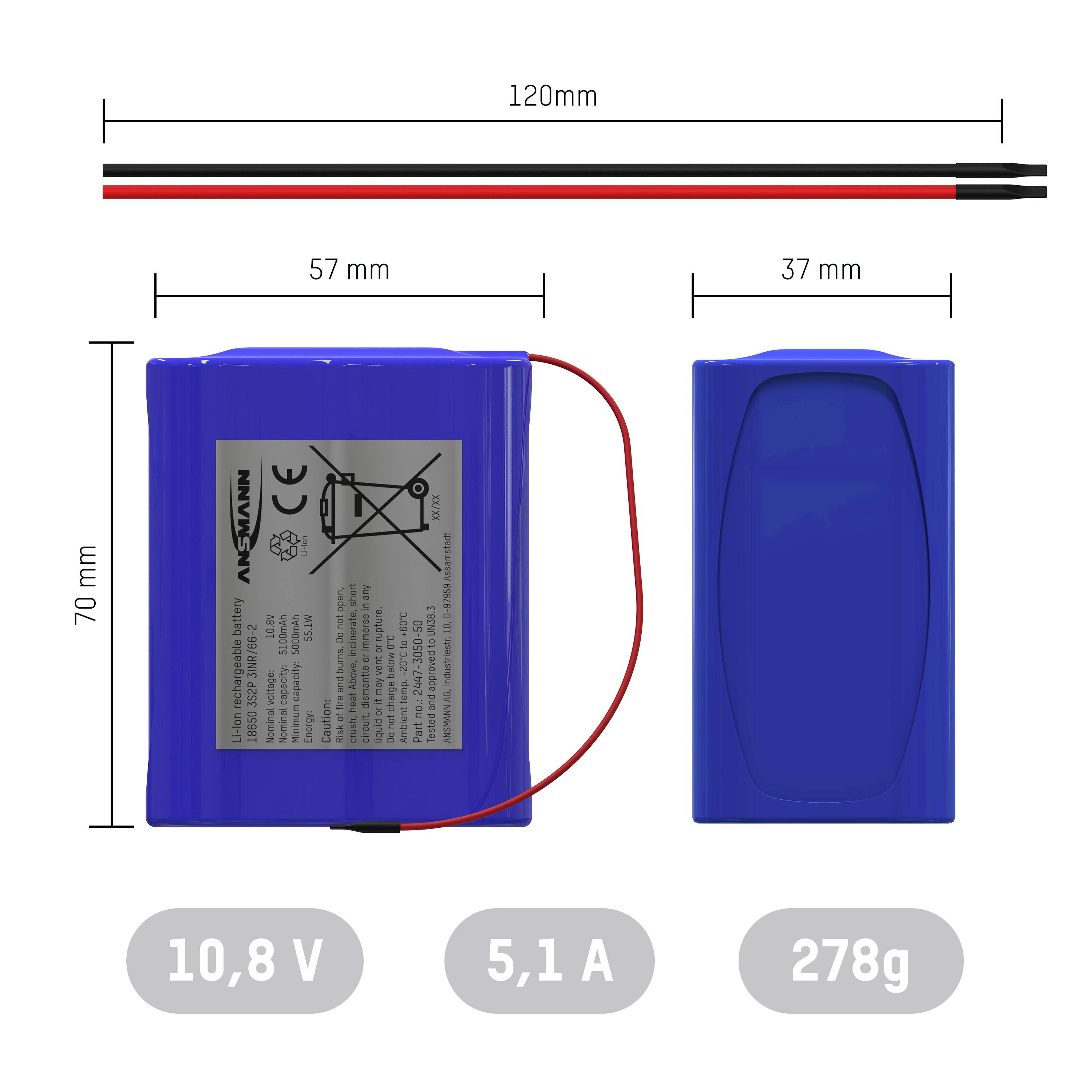 Blå litiumjonbatteri med mått: 70 x 57 x 37 mm, spänning 10,8 V, kapacitet 5,1 A, vikt 278 g. Röd-svarta kablar ovanpå.