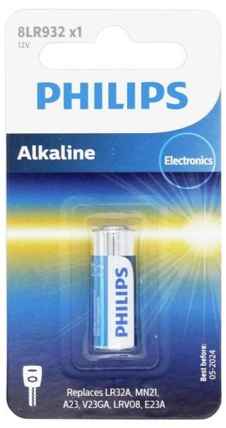 Philips alkaliska batterier, modell 8LR932 x1, ersätter LR32A, MN21, A23, V23GA, LRV08, E23A, för elektronik. 12V.