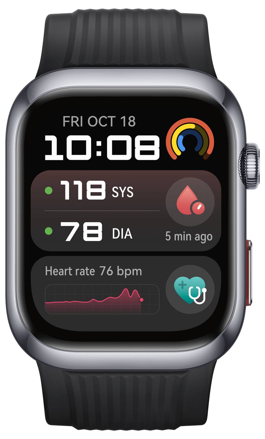 Smartwatch-skärm visar: Datum Fre., 18 okt., Tid 10:08, Blodtryck 118/78, Hjärtfrekvens 76 slag/min, Diagram med hjärtförlopp.