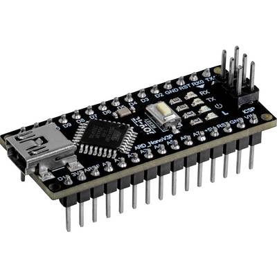 Ett mikrokontrollerkort med flera pinnar och en USB-port. Påskrift: 'Nano' och '20 Digital 8 Analog I/O'.