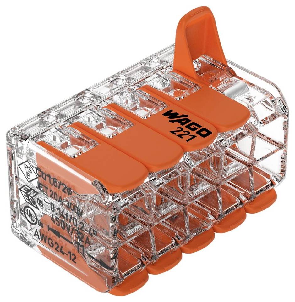 Transparent plastklämma med fem orangea spärrar, avsedd för anslutning av elektriska ledningar.