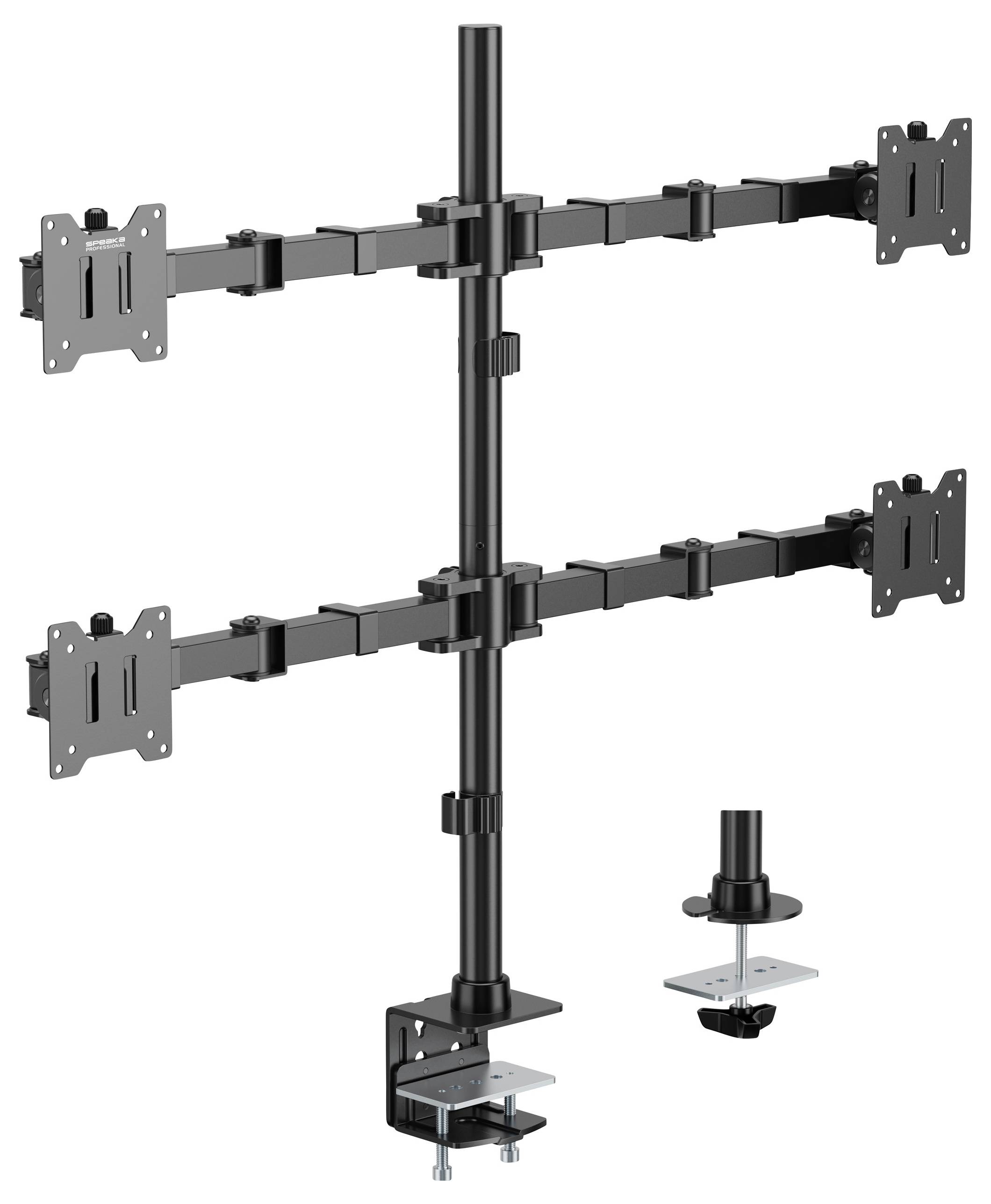 En svart, höjdjusterbar monitorarm med tre fästen, lämplig för flera skärmar. Inkluderar bordsklämmor och tillbehör.