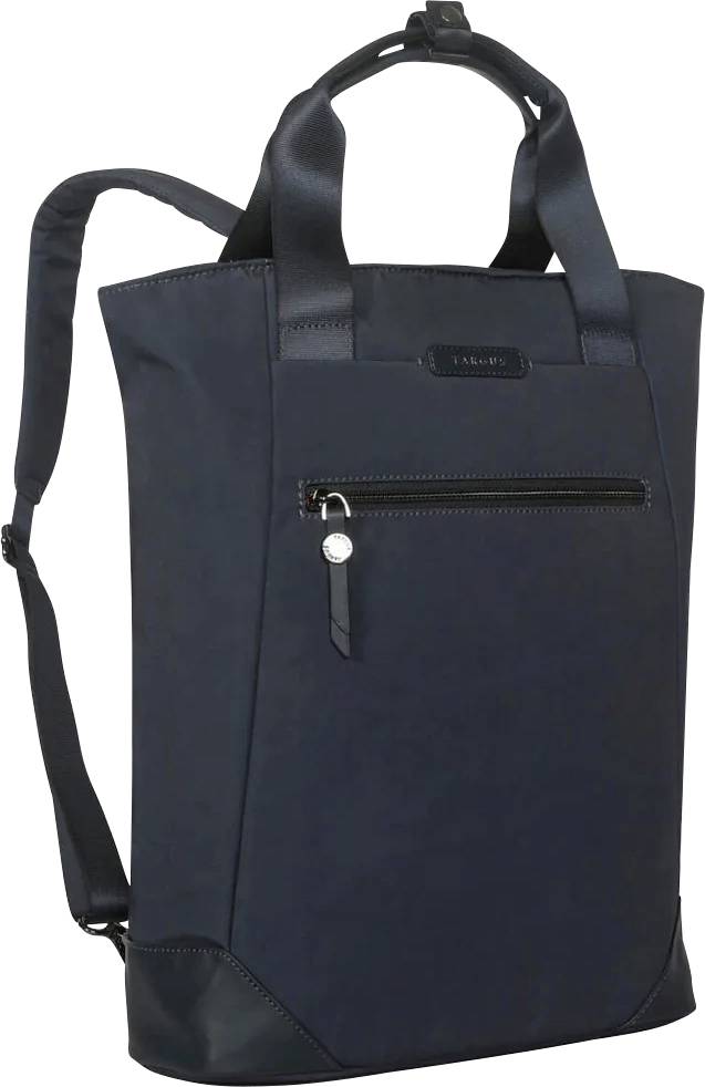 En svart, modern ryggsäck med bärhandtag, en framficka med dragkedja och justerbara axelremmar.