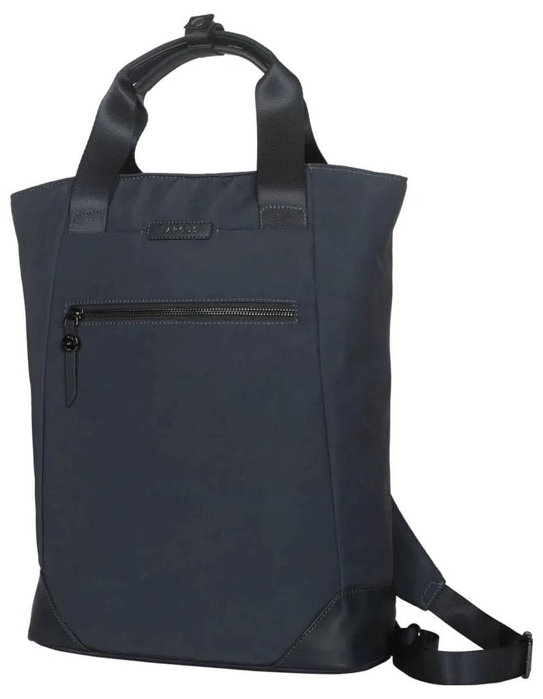 En mörkblå väska med en dragkedjeförsedd ficka fram och två handtag.