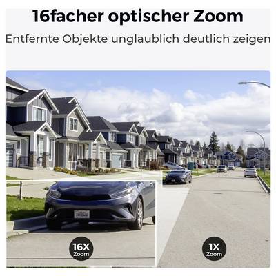 Gatuvy som visar hus med infogade bilder som jämför ett bils tydlighet med 16x och 1x optisk zoom. Text lyder '16 gångers optisk zoom. Visa avlägsna objekt otroligt tydligt'.