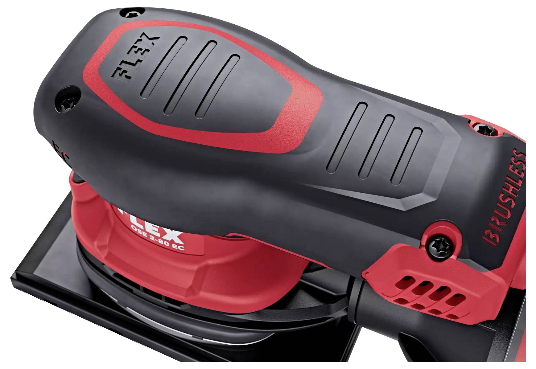En svart och röd elektrisk slipmaskin sedd ovanifrån, med texten 'BRUSHLESS' på sidan.