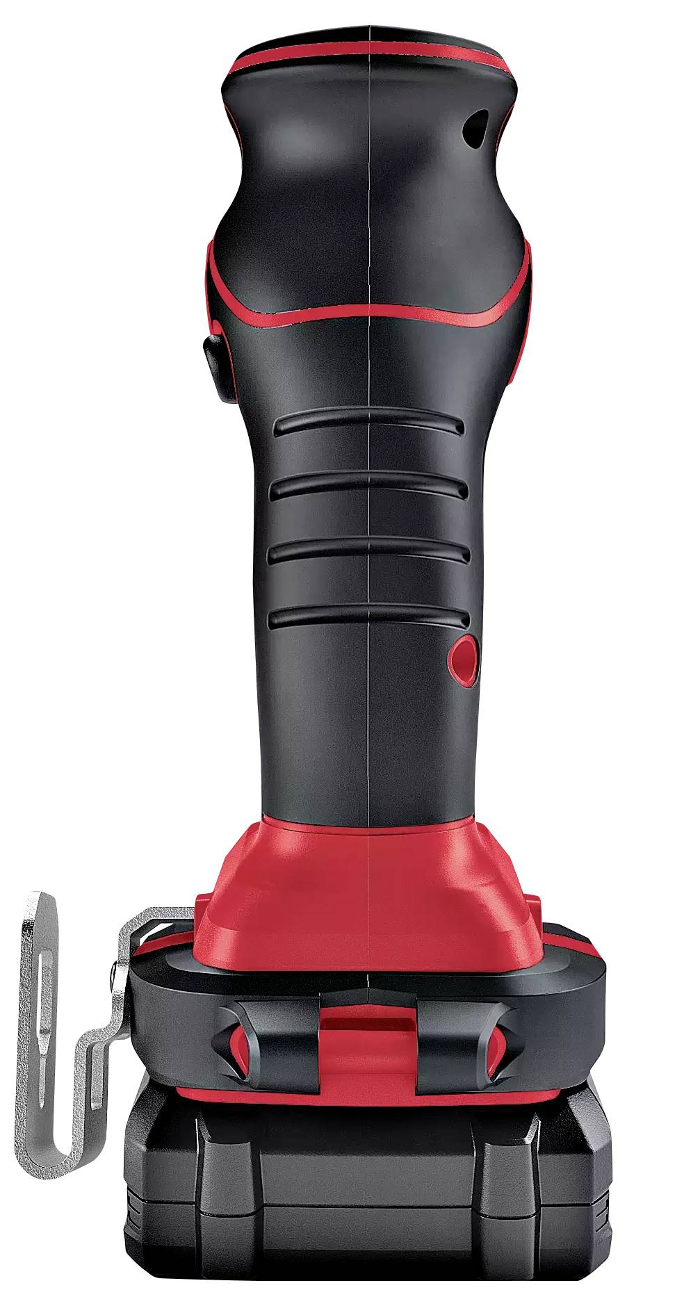En sladdlös skruvdragare med ergonomiskt grepp i svart och rött. Inklusive bälteskrok vid nedre änden.