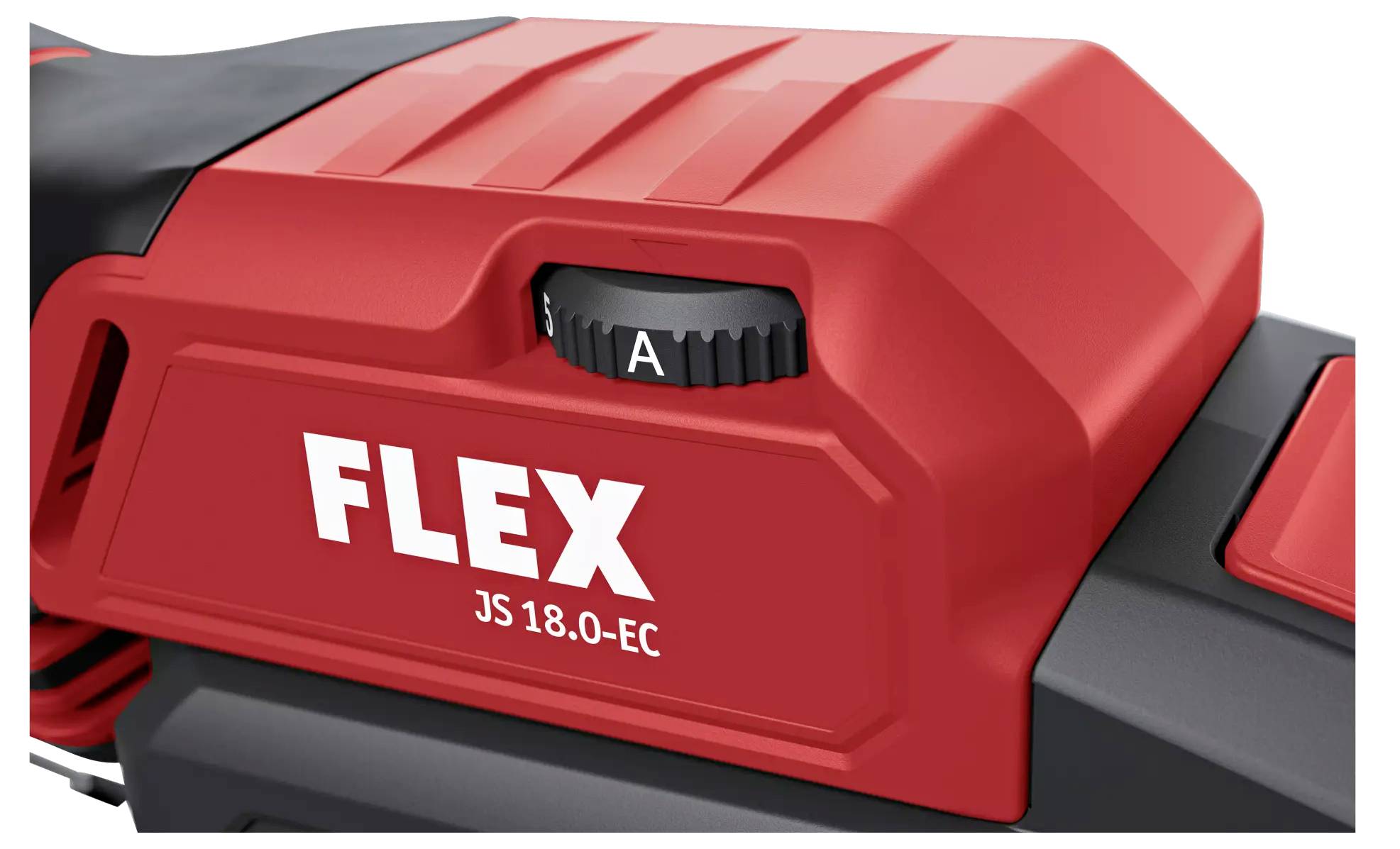 Röd och svart plastkropp på en Flex JS 18.0-EC elapparat. Reglage med 'S' och 'A' markeringar synliga.