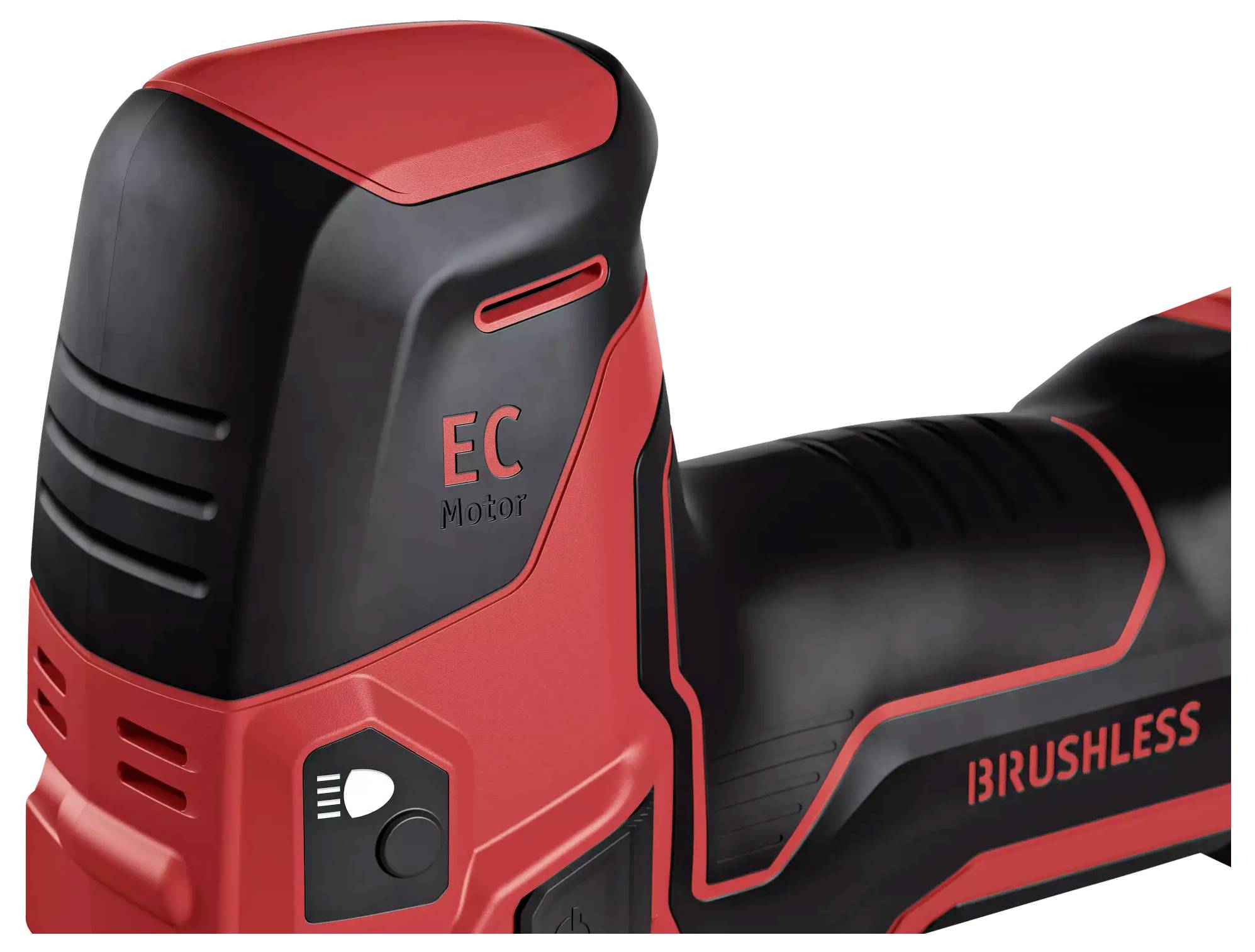 En röd och svart elektrisk verktygshandtag med texten 'EC Motor' och 'BRUSHLESS' som visar en borstlös motor.