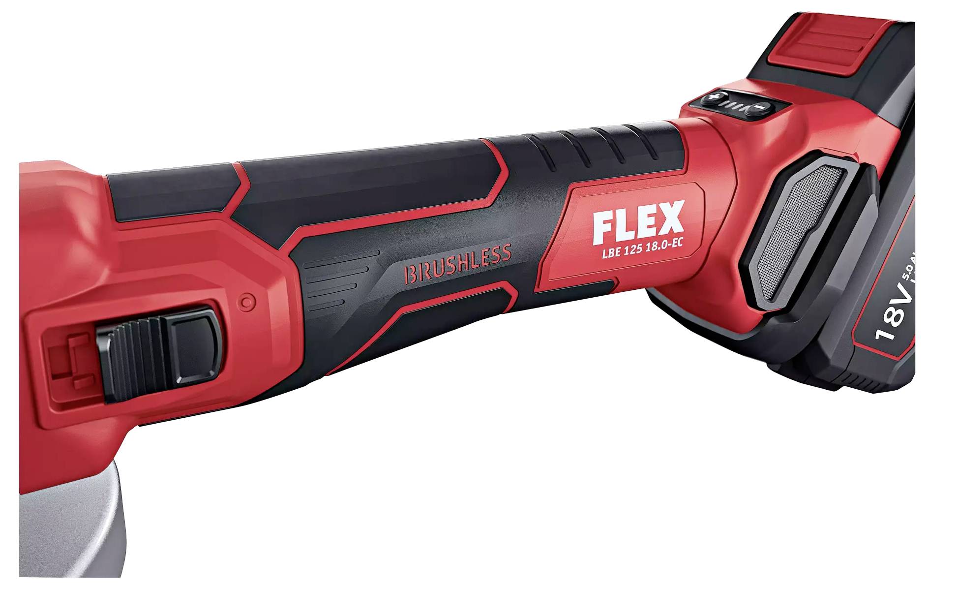 En röd, sladdlös flex-maskin med texten 'Brushless LBE 125 18.0-EC', som visar en ergonomisk form och ett 18V-batteri.