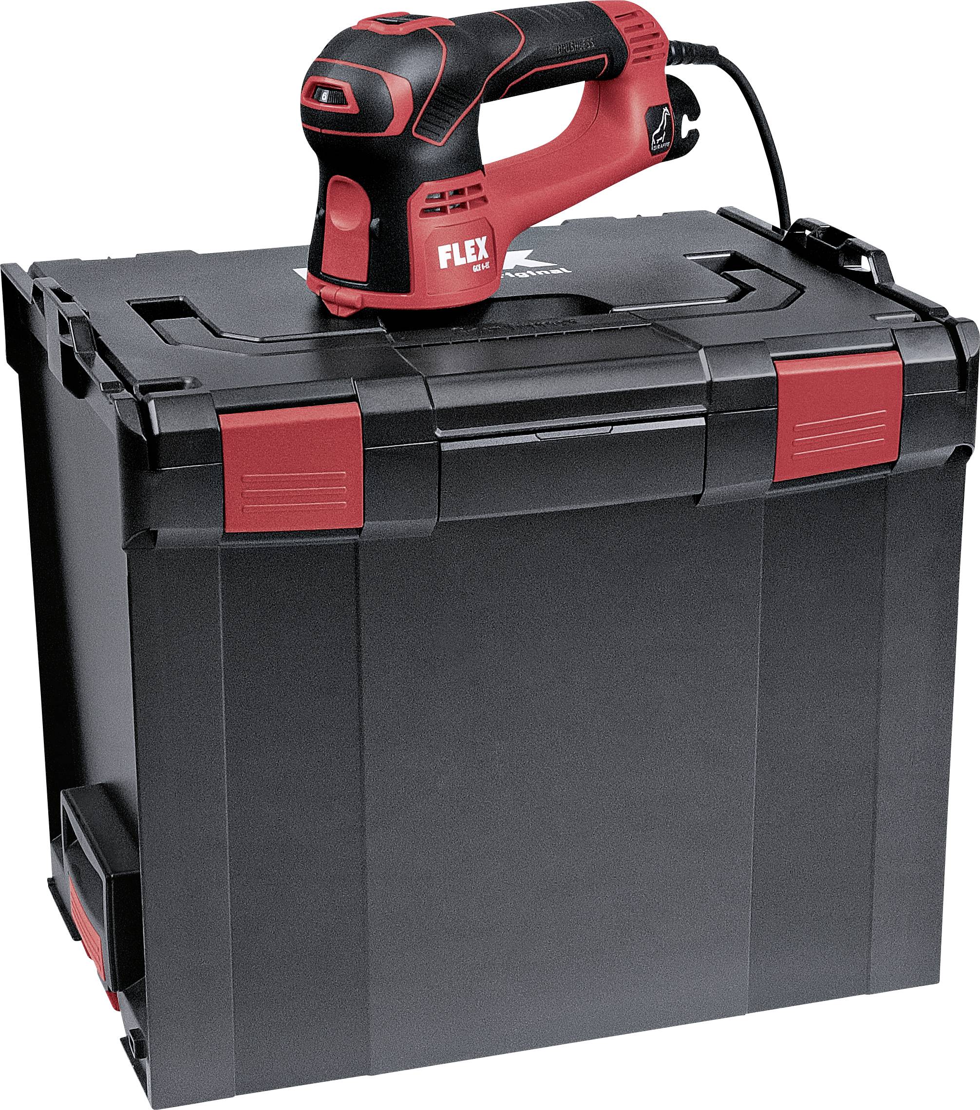 En röd elverktyg, en slipmaskin för hand, ligger på en svart, robust verktygslåda med röda detaljer.