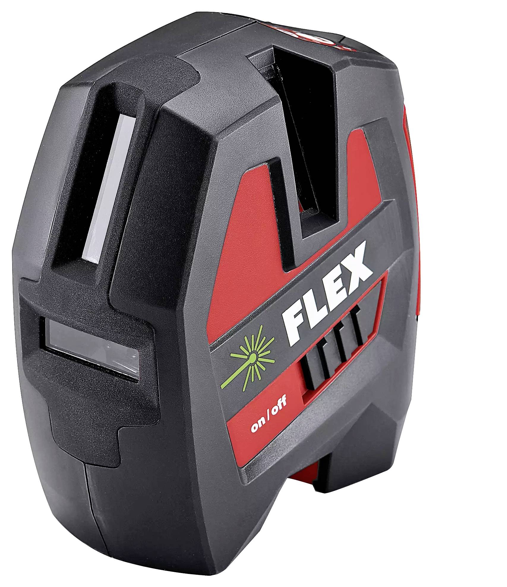 En röd-svart lasernivåmätare märkt 'FLEX' med en on/off-omkopplare, avsedd för exakt inriktning.