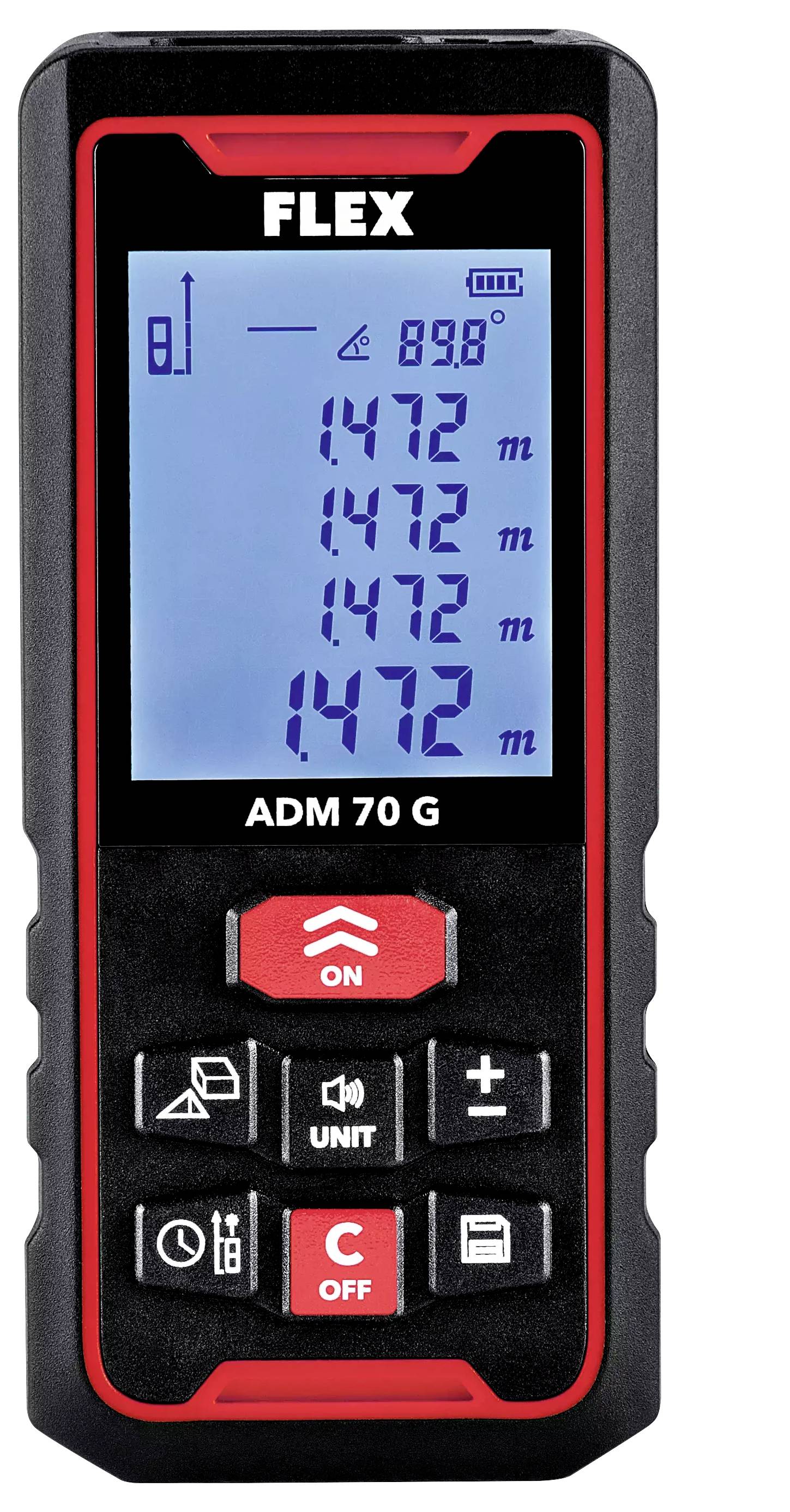 Lasermätare med digitalskärm, visar 1472 m och andra mätningar. Röda och svarta knappar för kontroll nedtill.