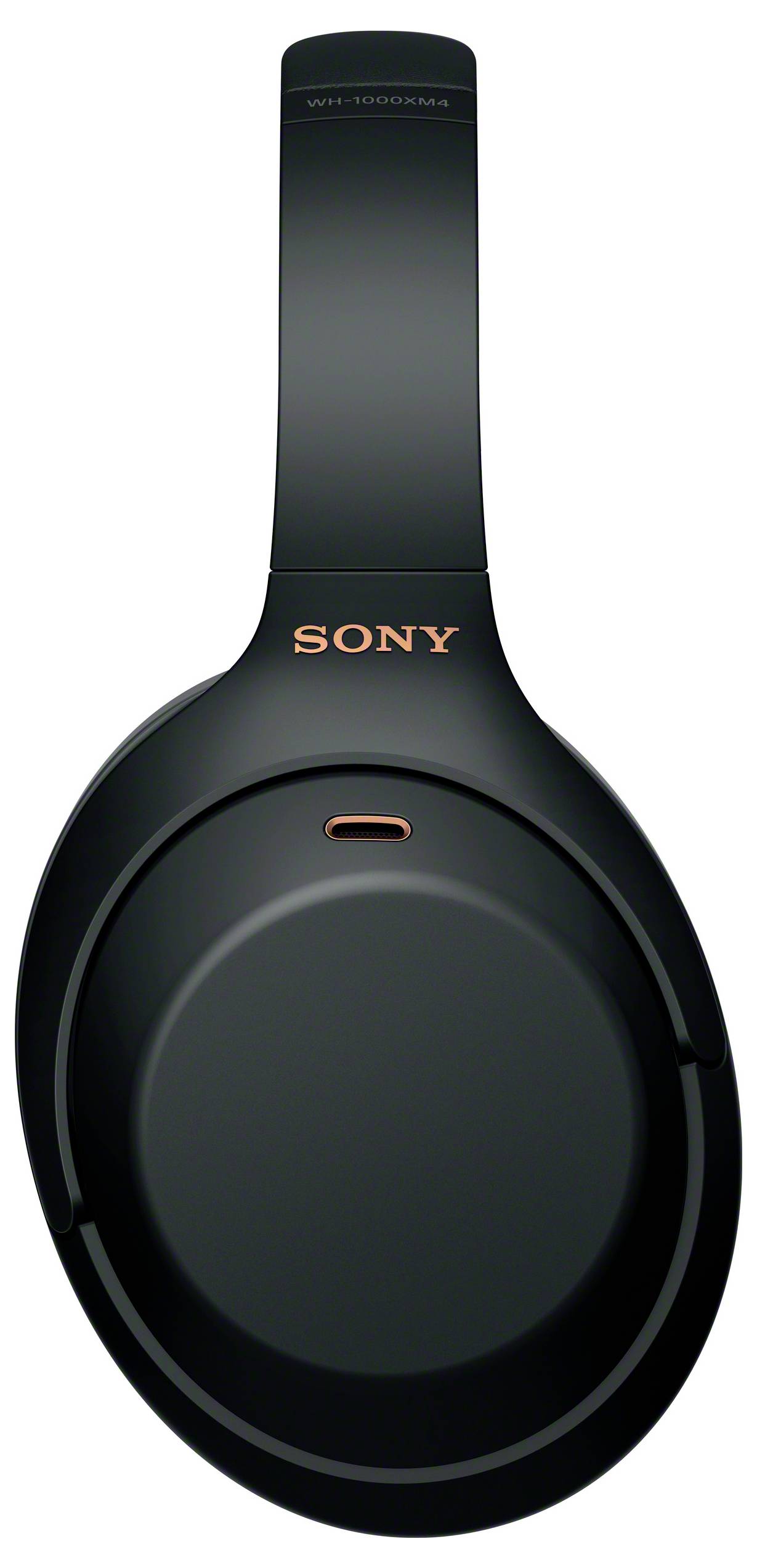 Svart Sony-hörlurar med slutet over-ear-design och Sony-logotyp i orange text på bygeln.