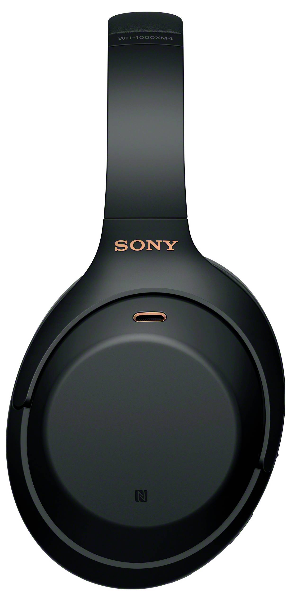 Svarta over-ear-hörlurar med orange 'Sony'-logotyp på bygeln.