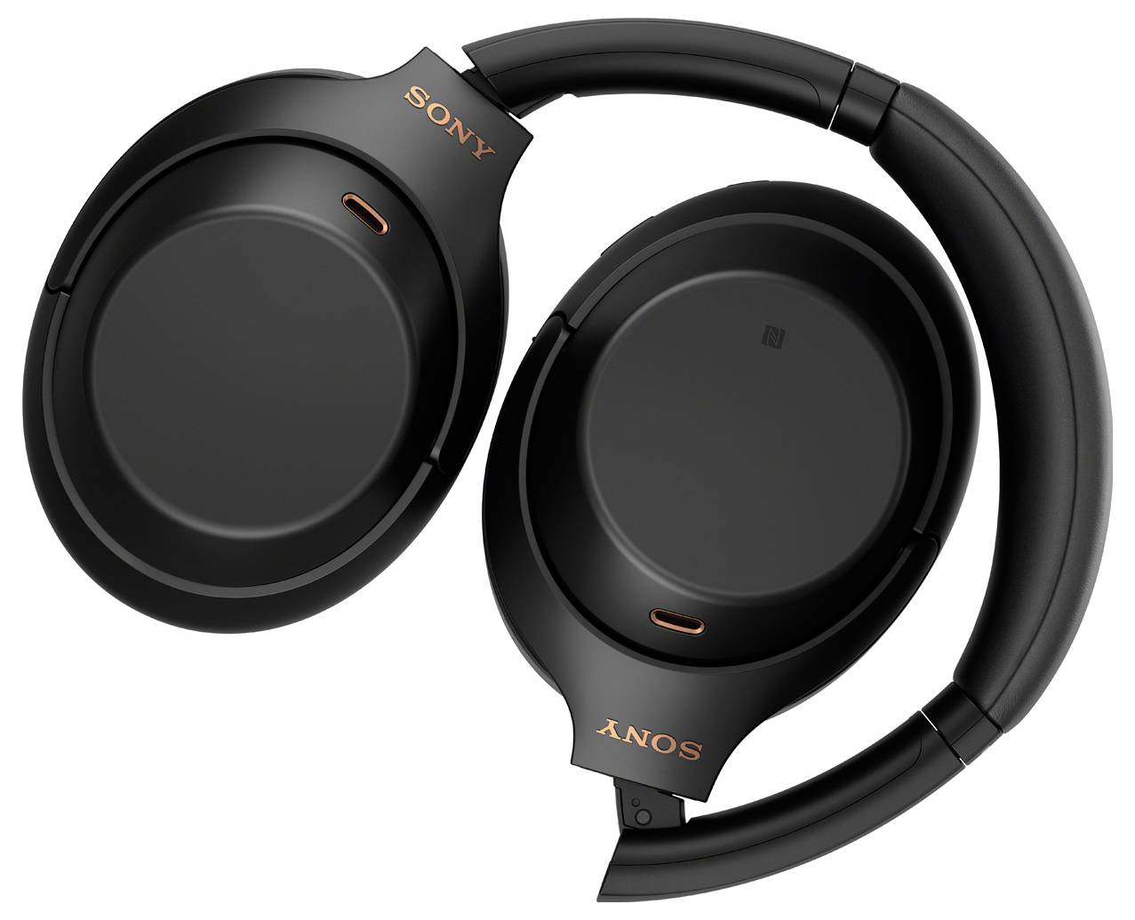 Svarta trådlösa hörlurar med Sony-logotyp, visade i ihopvikt läge.