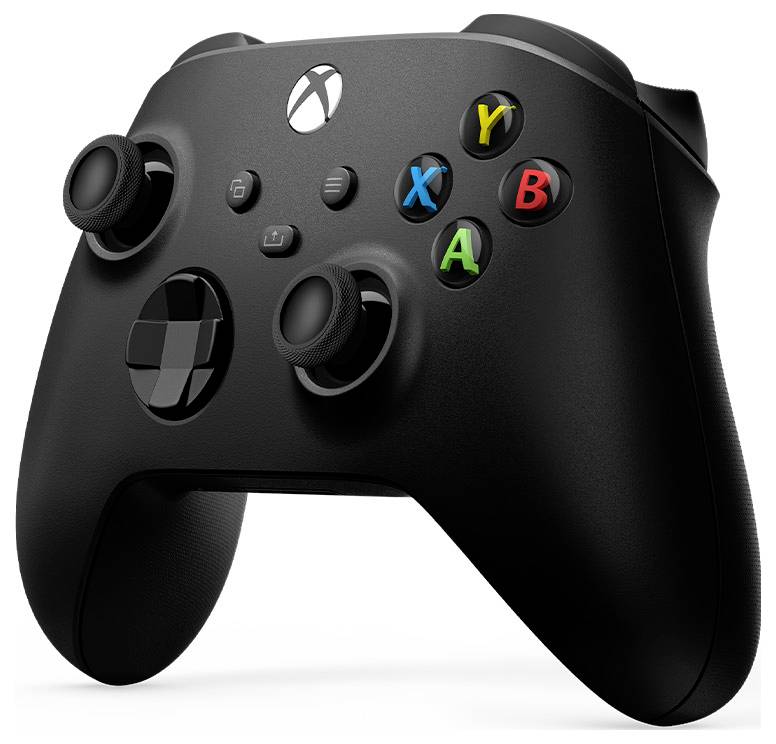 En svart spelkontroll med färgglada knappar (X, Y, A, B) och två joystickar, typiskt använd för en spelkonsol.