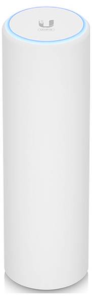 Vit, cylindrisk WLAN-router med blå LED-ring på ovansidan, lämplig för moderna interiörer.
