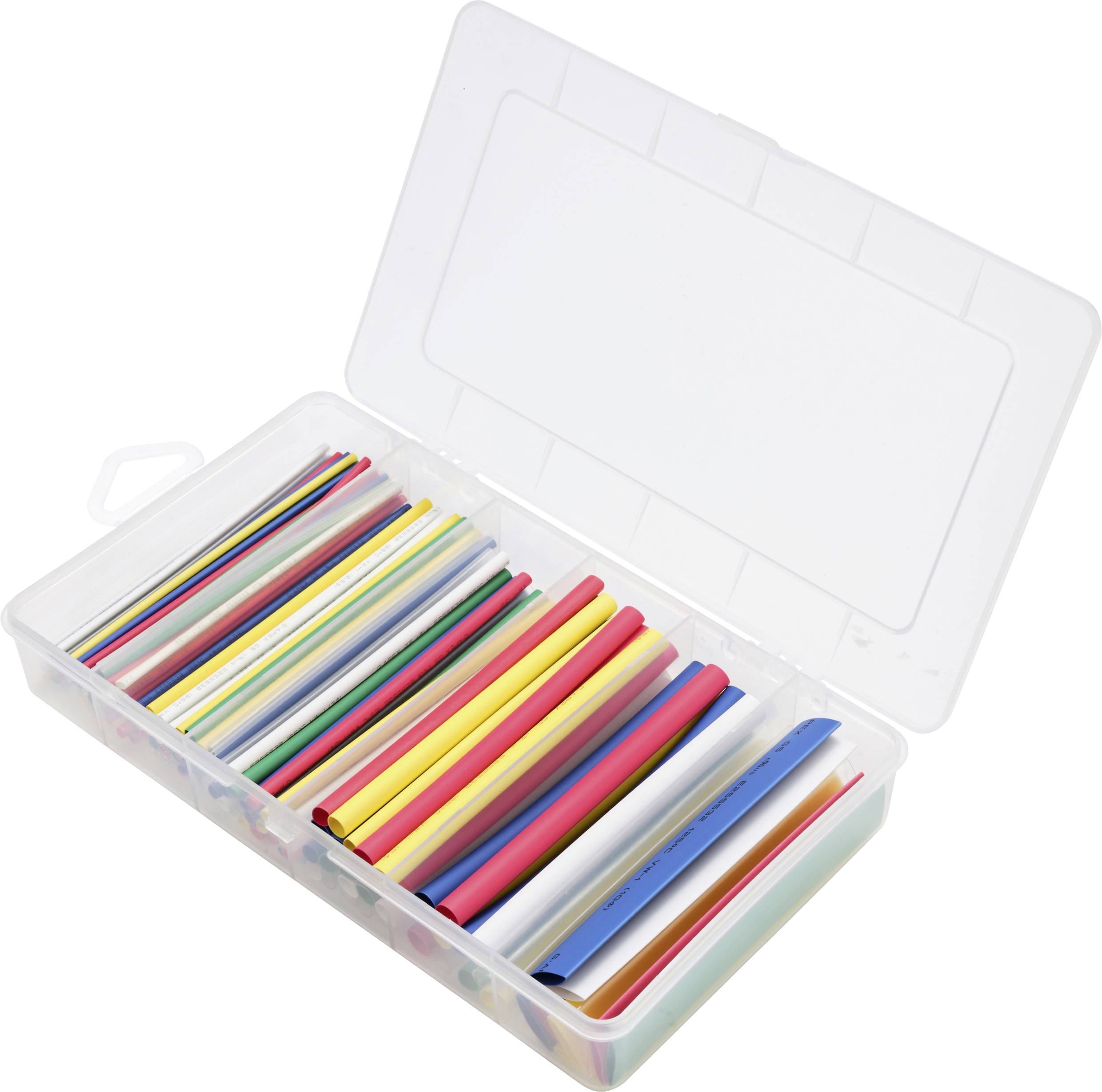 En öppnad plastlåda innehåller sorterade färgglada sugrör i olika färger.