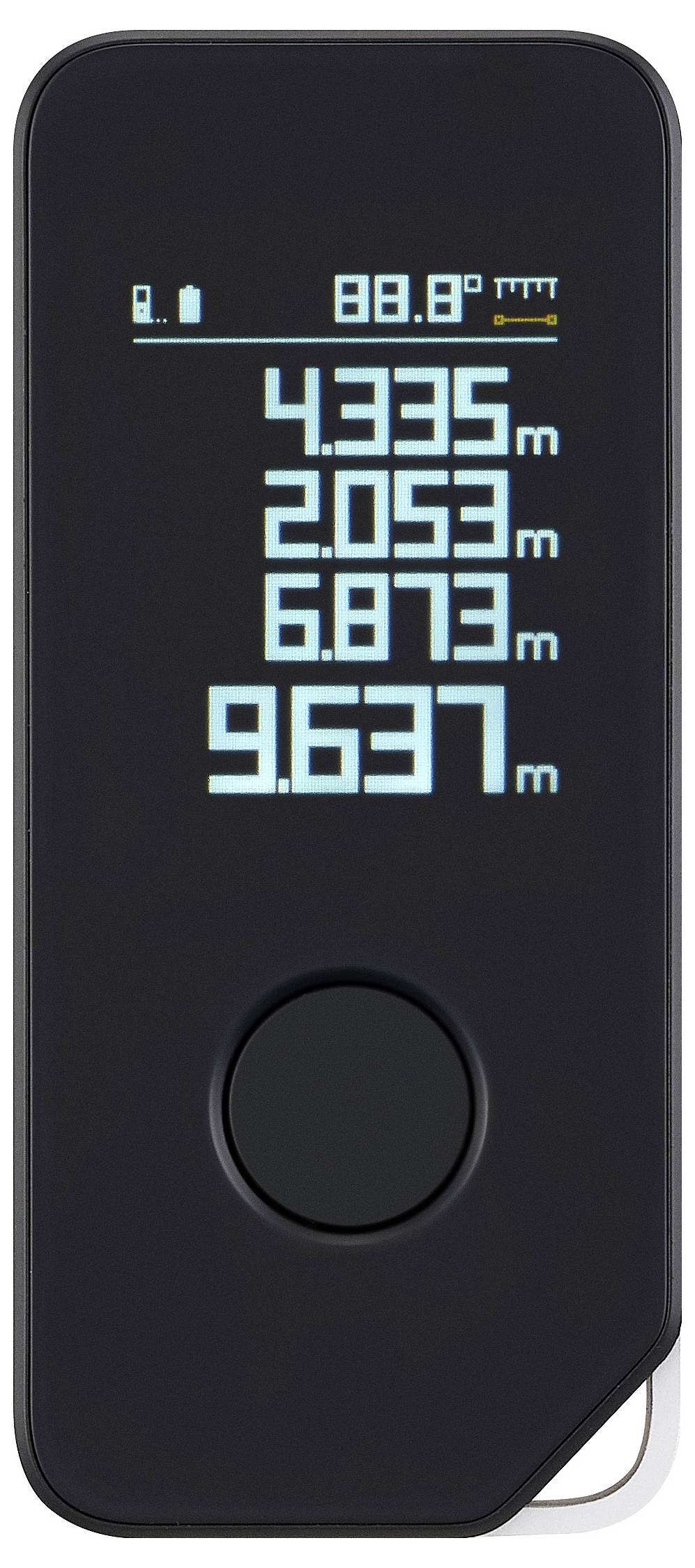 En digital enhet med display visar mätningar: '4,335 m', '2,053 m', '6,873 m', '9,637 m'. En knapp är synlig nedanför.