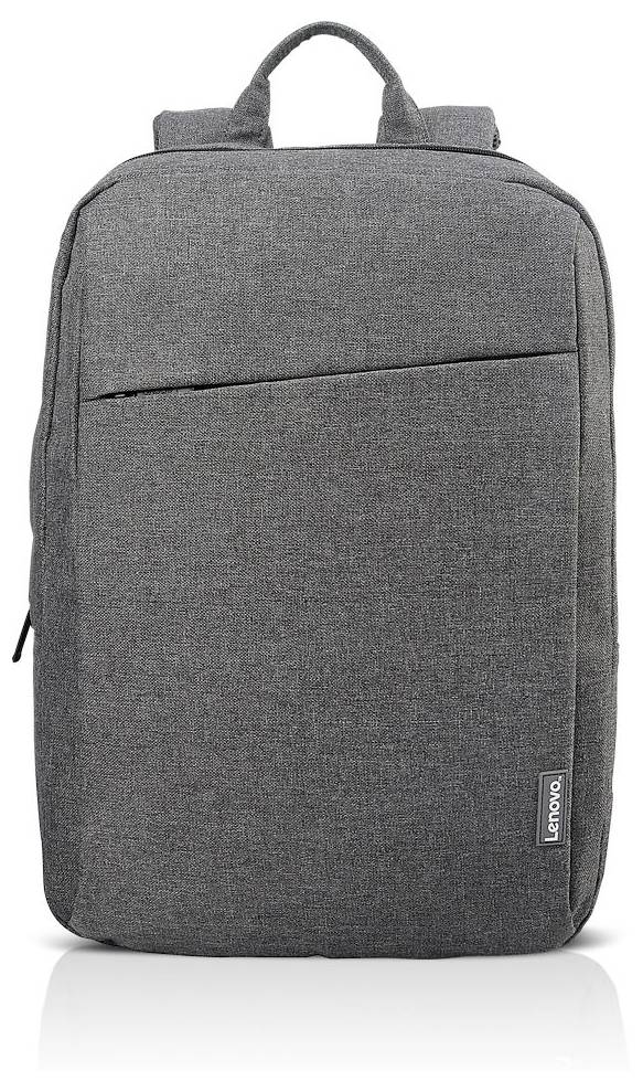 Grå Lenovo-ryggsäck med enkelt design, dragkedja upptill och litet logotypmärke i nedre hörnet. Perfekt för vardagsbruk.