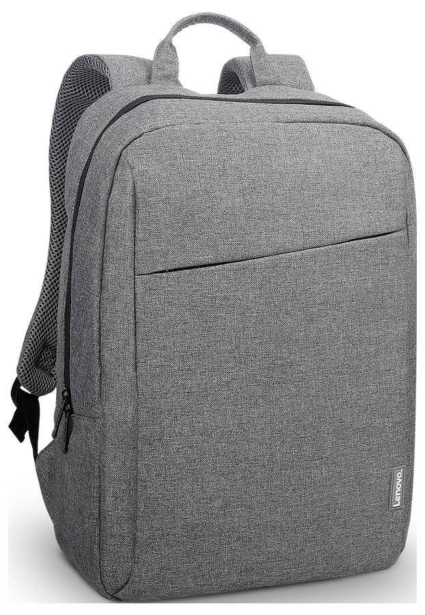 Grå Lenovo laptopväska med ett litet frontfack med dragkedja, vadderade axelremmar och handtag ovanpå.