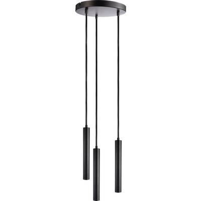 En modern svart taklampa med tre cylinderformade armaturer som hänger i en linje från en rund bas.