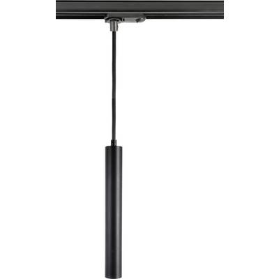 En svart, långsträckt taklampa hänger i en kabel. Armaturen är cylinderformad och enkel i designen.
